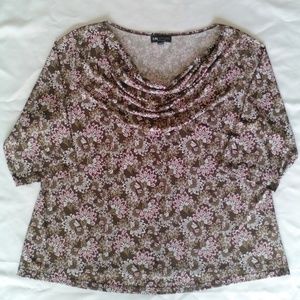 ~Floral Paisley Cowl Neck 3/4 Sleeve Draped Blouse IN Studios Stretchy 1X Pretty